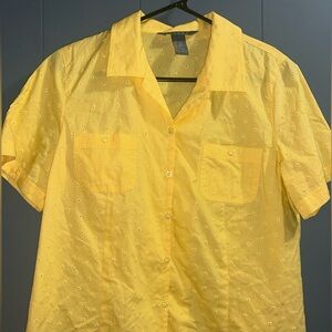 Koret Petite Yellow Eyelet Blouse 14P Button Front Cotton Top Cottagecore